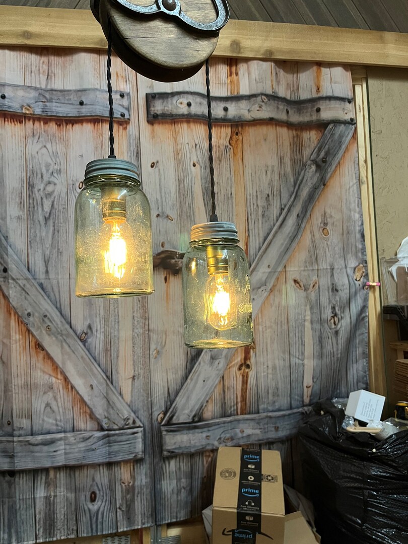 Rustic farmhouse pendant lighting, with antique farm pulley and vintage mason jar lights, farmhouse cabin decor for kitchen, dining room MakerPlace